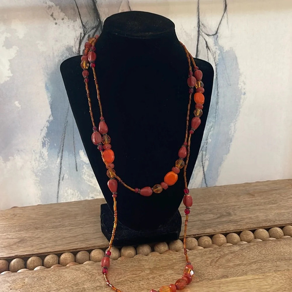 Beaded long necklace glass orange boho casual - Picture 1 of 10